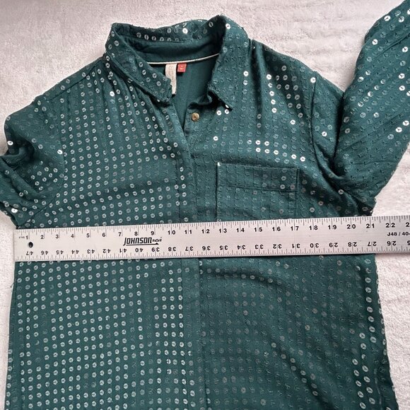 Anthropologie Pilcro Womens Sequin Button-Up Shirt Blouse Medium Green Pocket - Picture 8 of 9